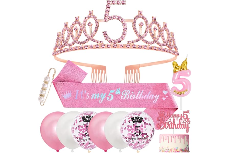 SWPEED 5th Birthday Decorations, Birthday Sash and Tiara, Candles, Balloons, Cake Topper, Gifts for 5 Year Old Girls