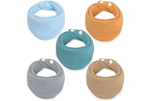 Geepen Lot de 5 Bavoirs Triangle Écharpe Bébé Mousseline Foulard Bébé avec 2 Boutons Réglables 100% Coton Double Couche Doux et Absorbant pour Garçons et Filles 0-36 Mois
