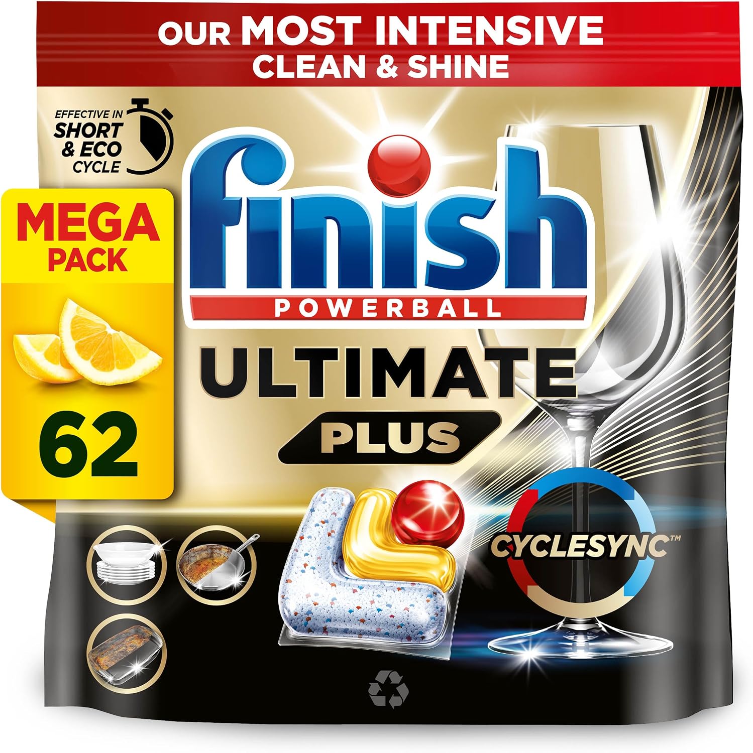 Finish Dishwasher Tablet, Ultimate Plus, 62 Detergent Tablets, Lemon Sparkle, Tough on Grease, For our Most Intensive Clean & Diamond Shine, Effective for Short Eco Cycle
