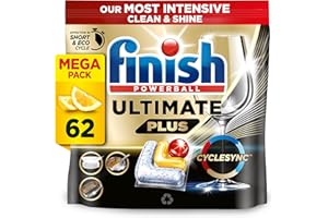 Finish Dishwasher Tablet, Ultimate Plus, 62 Detergent Tablets, Lemon Sparkle, Tough on Grease, For our Most Intensive Clean & Diamond Shine, Effective for Short Eco Cycle
