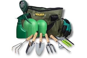 VOLIRA - Herramientas de Jardineria,14PC, Kit Jardineria, Incluye 5 Herramientas con Mango de Madera Antideslizante, Tijeras de Podar, Medidor de Humedad, Bolsa de Jardín.