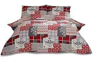 RAPPORT Alpine Patchwork 100% szczotkowana bawełna flanelowa serce poszwa na kołdrę i poszewka na poduszkę zestaw pościeli, czerwony/wielokolorowy, pojedynczy