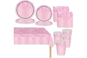 MIENOCOL Pink Shiny Glitter Diamond Party Tableware for Girls,81pcs Pink Birthday Dinnerware Paper Plates Cups Napkins and Tablecloth Set for Her Birthday Gifts Princess Party Supplies Table Decorations