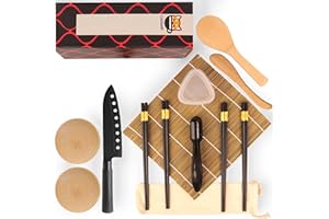 CASSARY Kit sushi complet. Sushi maker kit complet professionnel (17 pièces) Appareil à sushi composé de natte professionnelle en bambou, couteau, moules à nigiri et onigiri, baguettes, cuillère... (Maker B)