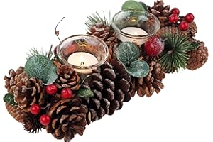 SiL Interiors Christmas Table Centrepiece Double Tealight Candle Holder - Pine Cone Berry