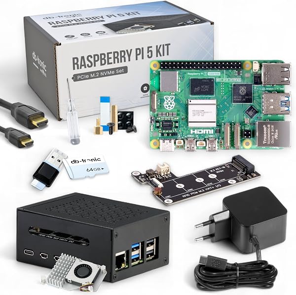 db-tronic Raspberry Pi 5 16GB PCIe M.2 NVMe Set | 64GB Edition | Metallgehäuse | Active Cooler | M.2 NVMe SSD PCIe Board | 27W Netzteil | Ideal für Smart Home, Retro Gaming und Home Assistant - 1