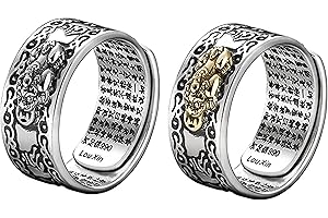 ZOOARTS Anillo de mantra Feng Shui Pixiu, ajustable FENG Shui PIXIU MANI Mantra, anillo de encantos Pi Yao, anillo de amuleto Feng Shui, anillo ajustable de riqueza y suerte abierto anillo (oro+plata)