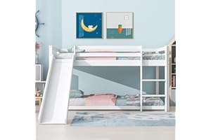 Jtyca Bunk Beds for Kids with Adjustable Slide and Ladder, Wooden Cabin Beds for Kids with Adjustable Lower Bed, White, 190x90cm+200x90cm, (Without Mattress)