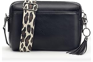 JANZORE Women CrossBody Bag Camera Handbag Shoulder Bag Small Multipurpose Vegan Leather Casual Fashion Cross body Bag Three Compartment Strap Wide Satchel with Tassel key Ring