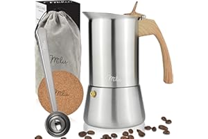 Milu Zaparzacz do espresso nadaje się do kuchenek indukcyjnych | 2, 4, 6, 9 filiżanek | dzbanek do mokki ze stali nierdzewnej, dzbanek do espresso, zestaw z podstawką, łyżeczką (uchwyt: wygląd drewna,