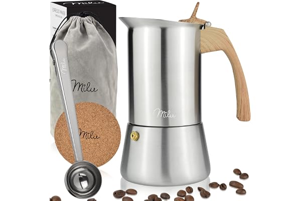 Milu cafetière Italienne Induction | 2 4 6 9 Tasses | Cafetière Moka en INOX, Espresso Maker Acier Inoxydable, Ensemble comprenant un sous-verre, une cuillère (Aspect bois, 6 tasses (300ml