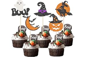 Xsstarmi 30 Pack Halloween Ghost Boo Cupcake Toppers Glitter Bat Pumpkin Ghost Witch Cupcake Picks Decorations for Theme Baby Shower Birthday Party Cake Decorations