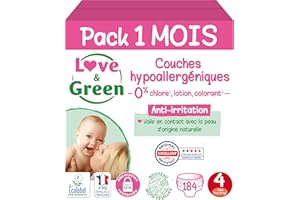 Love & Green - Pannolini per neonati sani ed ecologici - Taglia 4 (7-14 Kg) - Confezione da 1 mese (184 Pannolini) - Assorbente, anti-perdite e senza ingredienti indesiderati