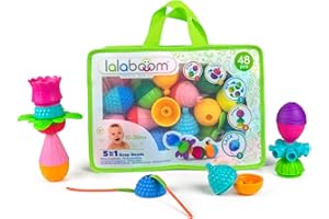 Lalaboom - Perles de Motricité Premier Âge - Jouet d'Éveil et Assemblage - Sac Jeu de Construction Formes et Couleurs - Évolutif de 10 Mois à 4 Ans - 48 Pièces, BL460