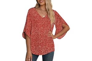 Yommay Women's Chiffon Blouse Ladies Tops Elegant Casual Loose 3/4 Ruffled Split Sleeve V Neck Summer Blouse T Shirts