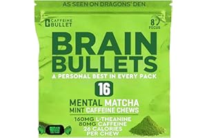 CAFFEINE BULLET 80mg Caffeine & 160mg L-Theanine Focus Enhancing Energy Chews – Neuroscience Backed Nootropic Stack, Mental Acuity & Cognitive Support | Mint Matcha Flavor Brain Bullet, 4 Pack