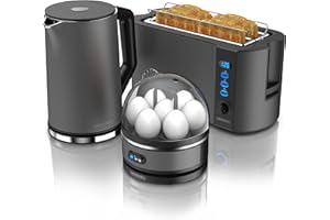 Arendo - Wasserkocher mit Toaster SET und Eierkocher, Edelstahl Grau Wasserkocher 1,5L 40° - 100°C, Toaster 4 Scheiben LED-Display 6 Bräunungsgrade Eierkocher 1-7 Eier Messbecher BPA frei