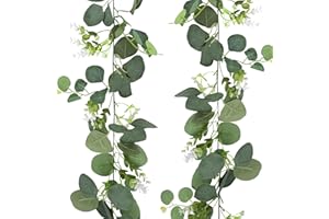 Foshird Pack of 2 Eucalyptus Garland Decoration with White Flowers 1.8 m Eucalyptus Artificial Flower Garland Artificial Plant Leaves Garland Green for Wedding Garden Outdoor Wall Spring Decoration