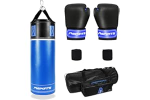 MSPORTS Set di sacchi da boxe professionali per bambini e ragazzi, 70 x 25 cm, con guantoni da boxe, bende da boxe e borsa – 12 kg blu-nero