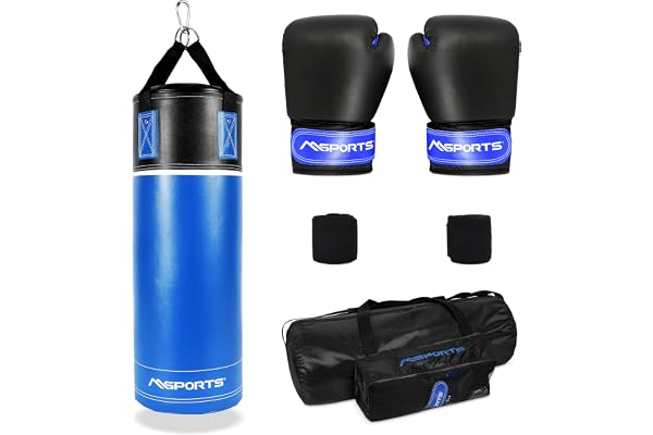 MSPORTS Ensemble sac de frappe de qualité supérieure pour enfants et adolescents – Kit de boxe avec gants de boxe, bandages et sac, 70 × 25 cm, 12 kg – Idéal pour l'entraînement de boxe et de