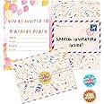BestaFiesta 36 Girls Party Invitations Childrens Birthday Party Invitations Kids Invites with Folding Envelope Design and Holographic Stickers (Pink)
