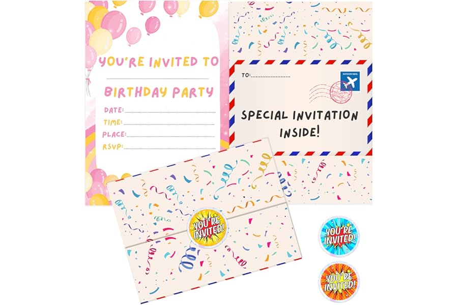 BestaFiesta 36 Girls Party Invitations Childrens Birthday Party Invitations Kids Invites with Folding Envelope Design and Holographic Stickers (Pink)