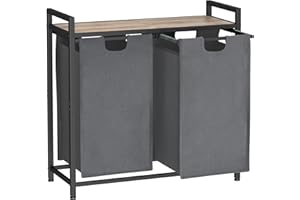 AMHANCIBLE Wäschekorb mit 2 Fächern, Wäschesammler, 2 abnehmbare Taschen aus Oxford-Gewebe, 48 Liter x 2, Stahlrahmen und obere Ablage, 73 x 30 x72,5 cm EHLS02GG