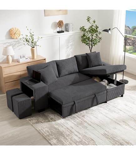 Canapé 3 Places Avec Chaise Longue Et Rangement - Convertible En Lit - Tissu - Neuf