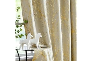 Fmfunctex Beige Gold Blackout Curtains for Living Room 90 inch Drop Eyelet Curtains for Bedroom Tree Branch Foil Thermal Insulated Window Curtain Panels 2 Panels