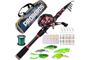 ‎PROBEROS Angelrute und Rolle Combo, 2,1 m Kohlefaser Teleskop Angelrute mit Spinning/Baitcasting Reel Combos, Meer Salzwasser Süßwasser EIS Barsch Angelgerät Set Angelruten Kit