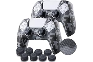 YoRHa Grip Texture Silicone Skin for PS5 Dualsense Controller x 2(Grey Camouflage) with Pro Thumb Grips x 8