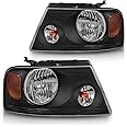 DWVO Headlight Assembly Kit Compatible with 2004-2008 Ford F150 Pickup Passenger and Driver Side Black Housing Amber Reflector