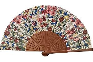Abanico Español Catherine - Madera y Algodón - 23 cm - Estuche y Funda de Yute - Accesorio de Moda - Hecho a Mano en España - Eventos y Regalos - Colección Flowers - Tusitala Barcelona