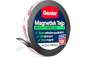 GAUDER Magnetband självhäftande starkt, magnettejp (3 m x 15 mm) | Stark klippbar magnetremsa med hög fästkraft och starkt lim, enkel att klippa till önskad längd för pålitlig fastsättning