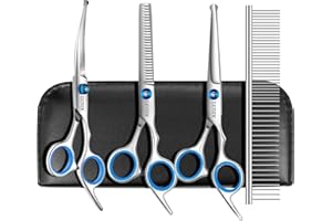 GEMEK Professional Grooming Scissors for Dogs with Safety Round Tips, Dog Grooming Scissors Set - Thinning, Straight, Curved Shears and Comb for Long Short Hair for Dog Cat Pet (Blue-5 in 1)