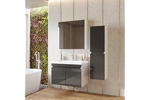 KAREN banyo Badmöbel Set Venus 80 Anthrazit | Keramikwaschbecken | Unterschrank | Spiegelschrank | Softclose-Türen & unsichtbare Griffe | Futuristischer Stil | Badezimmermöbel Waschtischunterschrank