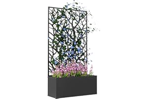 Outsunny Metal Garden Bed with Trellis, Wall Mounted or Freestanding Raised Planter with Privacy Panel, Two Big Trees Cut-out Privacy Screen with Planter Box for Climbing Plants, Flowers, Vegetables