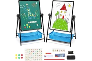 NUKDEY Kids Art Easel Double-Sided Whiteboard Chalkboard Iron Easel Height Adjustable Foldable Standing Easels 360° Rotating Painting Easels with Bonus Letters and Numbers Accessories(Black)