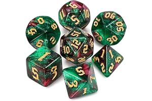 QMAY DND Dice Polyhedral Dice Set - 7 Pieces for Dungeon and Dragons MTG RPG D&D D20, D12, D10, D%, D8, D6, D4 (Grün und Rot + Glitter)