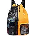 WANDF Swim Bag Mesh Drawstring Backpack with Wet Pocket for Swimming, Gym, and Workout Gear, Orange, Large, Fashion