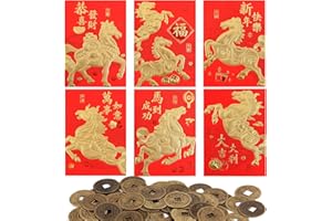 GOKTVAI 36pcs Chinese New Year Red Envelopes & 50pcs Chinese Feng Shui Coins, 2026 Year Horse Lunar Decorations Decorative Ampao Ornaments Lucky Money Cash Gift Wallet for Spring Festival Good Luck Fortune