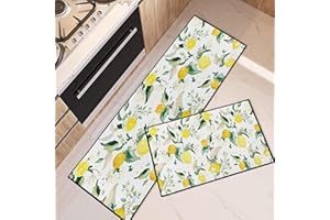Tayney Lemon Kitchen Rugs and Mats Non Skid Washable Set of 2, Watercolor Kitchen Mats for Floor, Summer Tropical Fruit Kitchen Runner Rug, Lemons Kitchen Decor