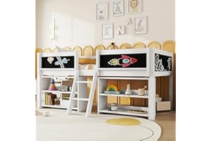 ‎MERAX Merax Kinderbett 90x200 cm, Hochbett mit Stauraum und Rausfallschutz, Jugendbett mit Leiter, Bücherregal & Zeichentafel, Holzbett mit Lattenrost - Kiefer massivholz, ohne Matratze, weiß