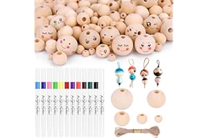 Kkluno 200 Stück Holzkugeln mit Loch 8-25mm, Holzperlen zum Auffädeln mit Bastelseilen, DIY Runde Holzperlen mit 12 Malstift und Meter Hanfseil, Perlen Holz für basteln Schmuck Armband Halskette