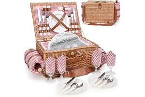 WILLOW WEAVE Picnic Basket for 4, Insulated Willow Picnic Baskets with Shoulder Strap, Picnic Hamper with Waterproof Picnic Blanket, Handmade Wicker Hamper for Outdoor, Great Gifts for Thanksgiving, Christmas