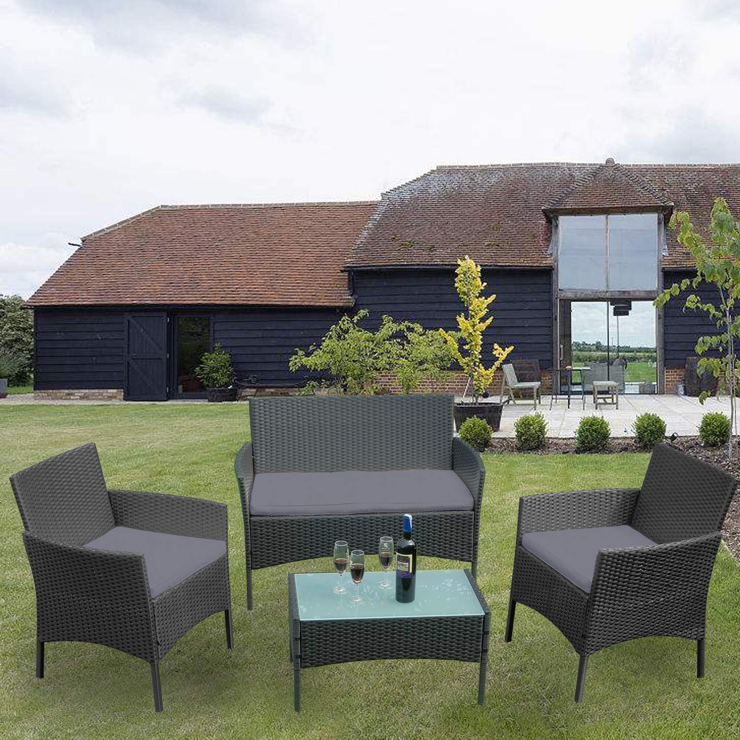 UISEBRT Balkonmöbel Set - Gartenmöbel Set Polyrattan Sitzgruppe Lounge mit 2-er Sofa, Tisch, Singlestühle und Anthrazit Sitzkissen, Schwarz – Bild 8