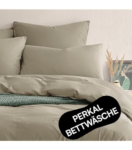 Bettwaesche-mit-Stil Mako Perkal Bettwäsche Uni einfarbig Hellbraun (Garnitur 135x200 + 80x80 cm) Küche, Haushalt & Wohnen