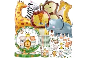 OMZSXK Dschungel Safari Geburtstag Deko Set,66 Dschungel Geburtstag Dekoration Partygeschirr mit Folienballon,Tiere Papier Teller Tassen Servietten Luftballon Junge Kindergeburtstag Deko 20 Gäste