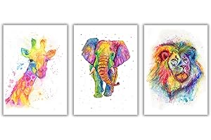 CRAFTY COW DESIGN Rainbow Animal Pictures Wall Art Print Set of 3, Lion, Giraffe, Elephant Colourful Home Decor Idea A4 A3 A5 Boho Posters (Unframed A4 (21x29.7cm))