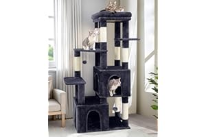 Globlazer Rascador para Gato con 2 Grandes Nidos, 7 Postes de sisal, Plataformas Acolchada Superior, Pompones Juquetes, Árbol Rascador Alto 156 cm para Gatos Grandes (F61, Gris Oscuro)